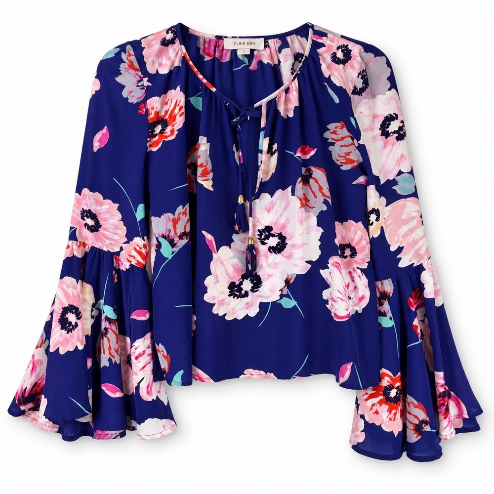 Yumi Kim Silk Blouse XS Blue Excellent Floral Bell Sleeve Tassel Tie Top